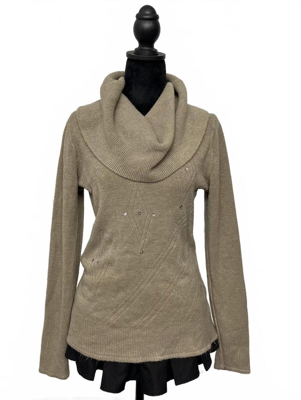 Le Grenier Beige Cowl Neck Sweater Diamond Pattern Stitching Delicate Sequins L